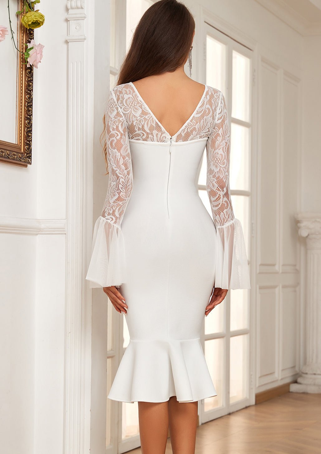 MERMAID - HEM LACE - PANEL BANDAGE DRESS - White - ALICEELMER