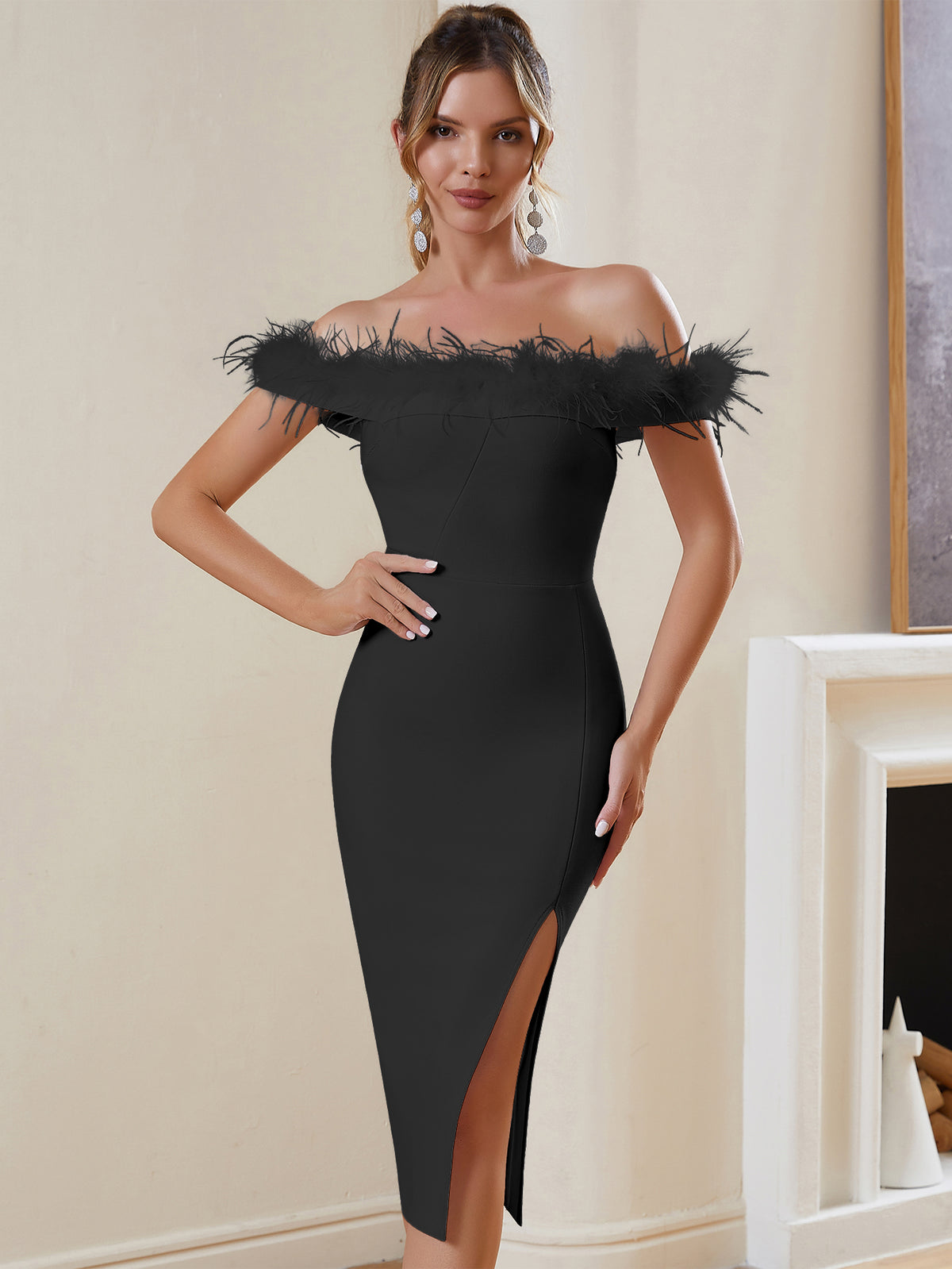 FEATHERED OFF - THE - SHOULDER BANDAGE DRESS - Black - ALICEELMER