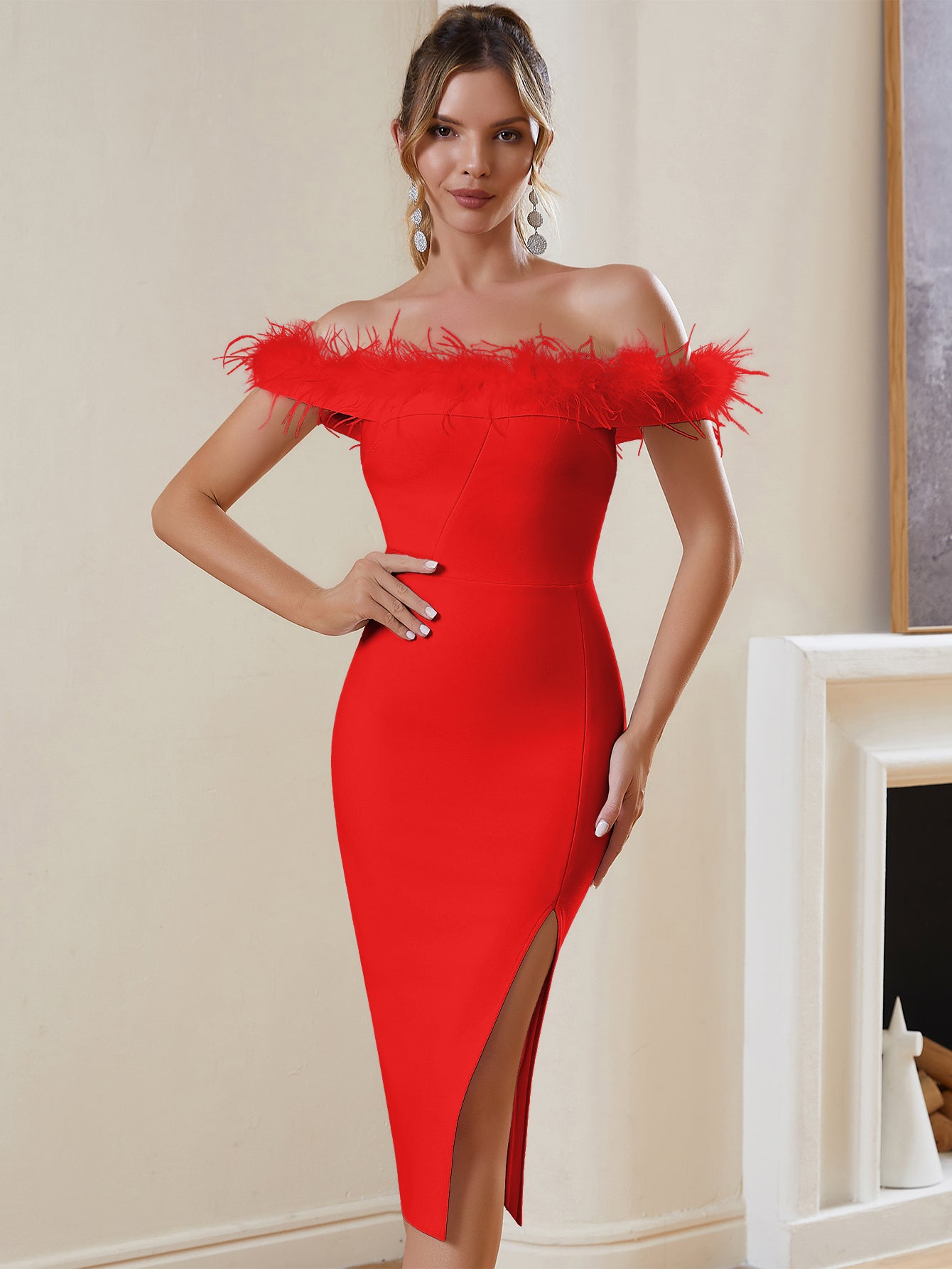 FEATHERED OFF - THE - SHOULDER BANDAGE DRESS - Red - ALICEELMER