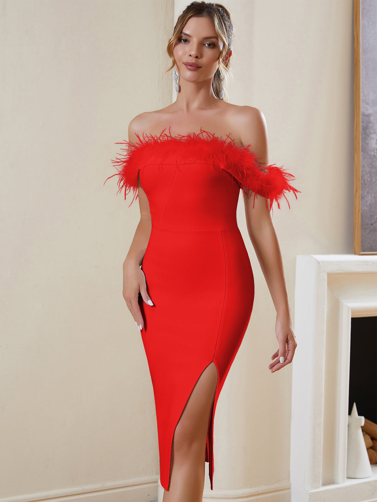 FEATHERED OFF - THE - SHOULDER BANDAGE DRESS - Red - ALICEELMER