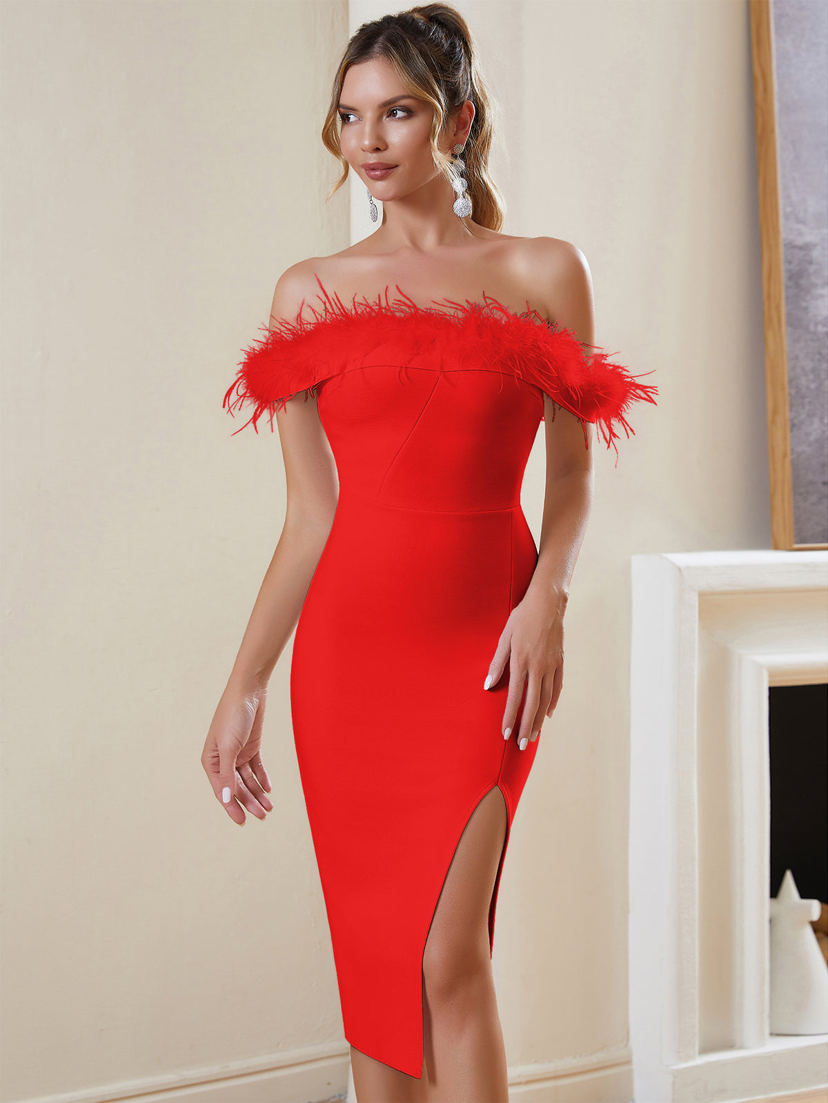 FEATHERED OFF - THE - SHOULDER BANDAGE DRESS - Red - ALICEELMER
