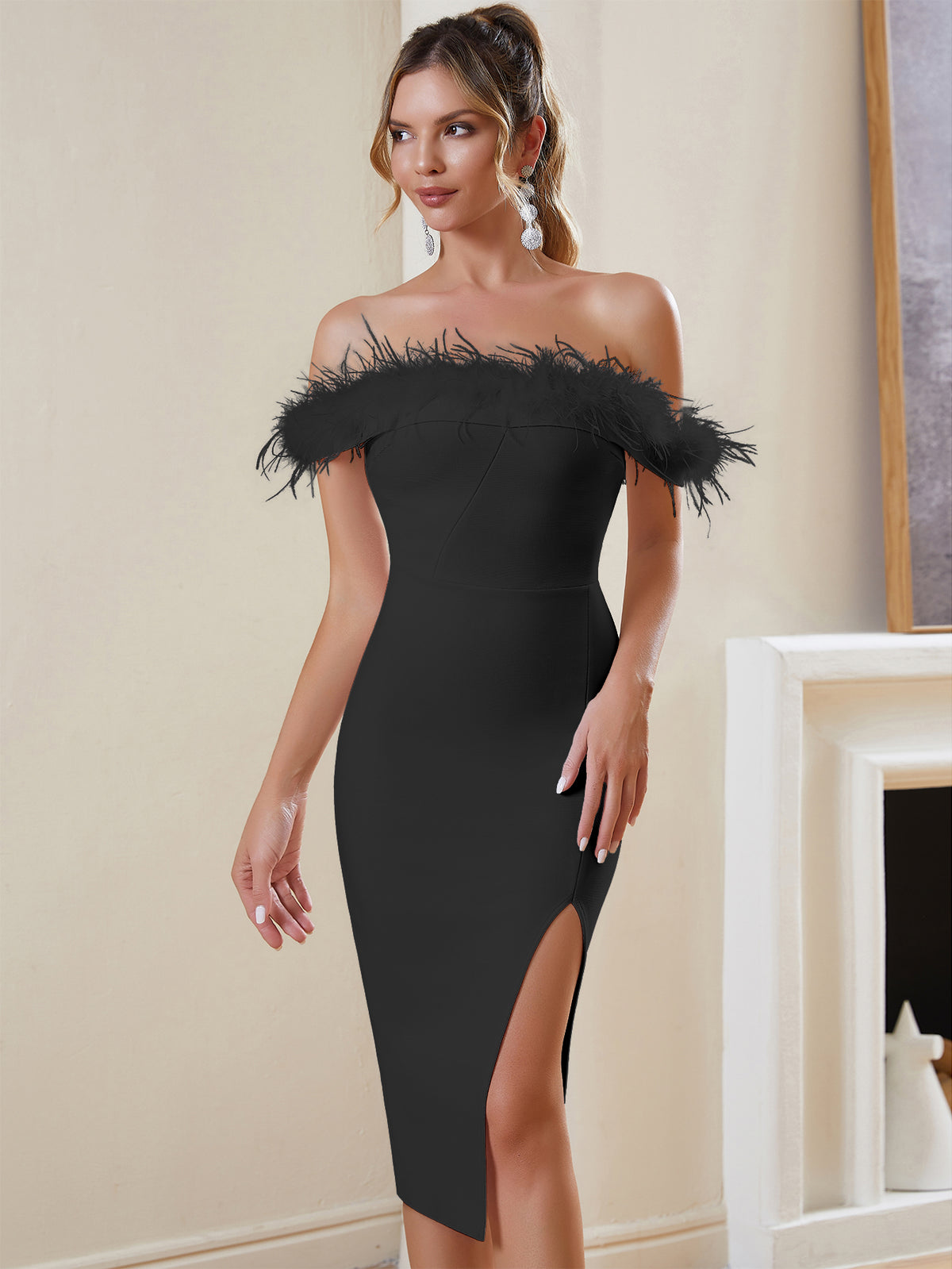 FEATHERED OFF - THE - SHOULDER BANDAGE DRESS - Black - ALICEELMER