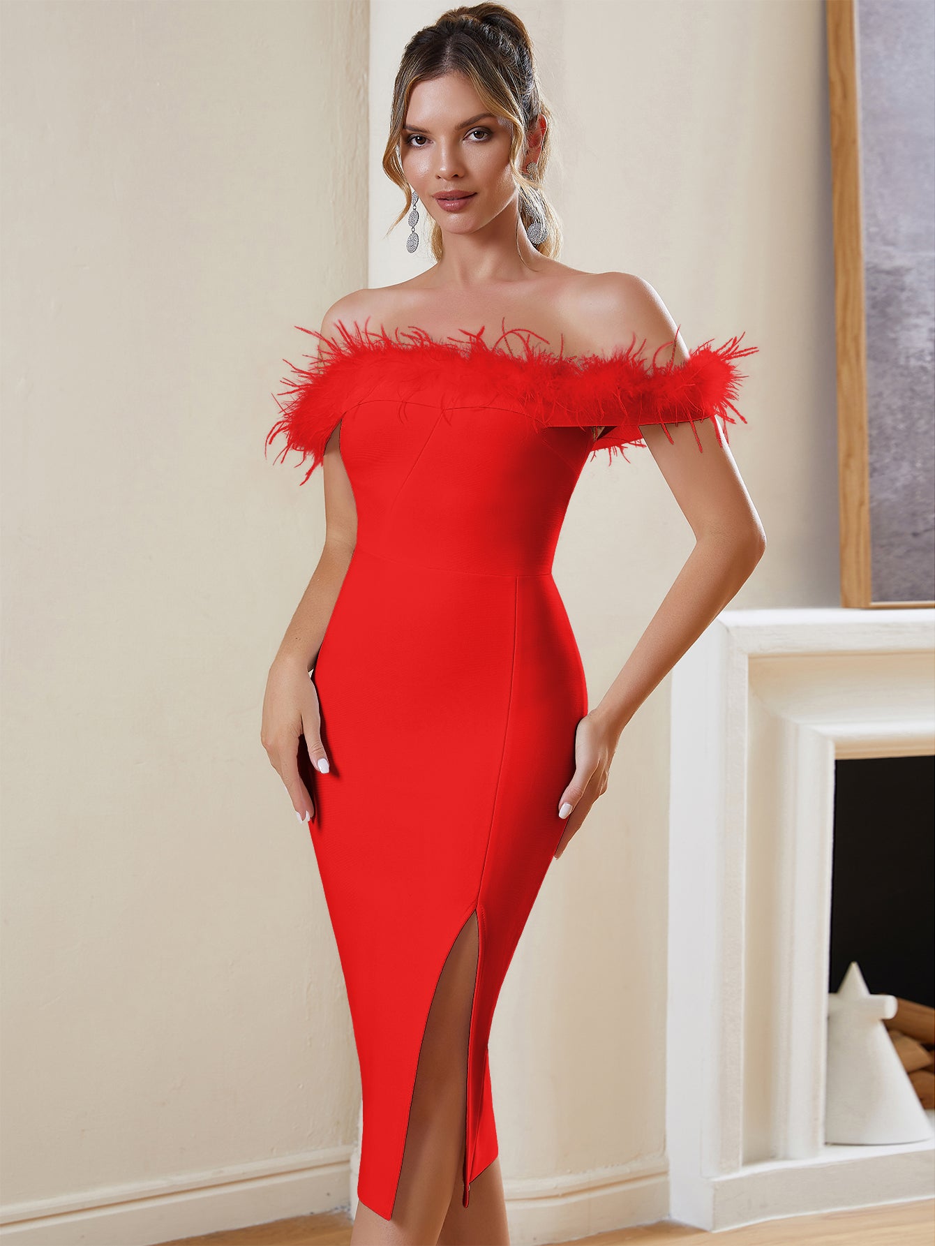 FEATHERED OFF - THE - SHOULDER BANDAGE DRESS - Red - ALICEELMER