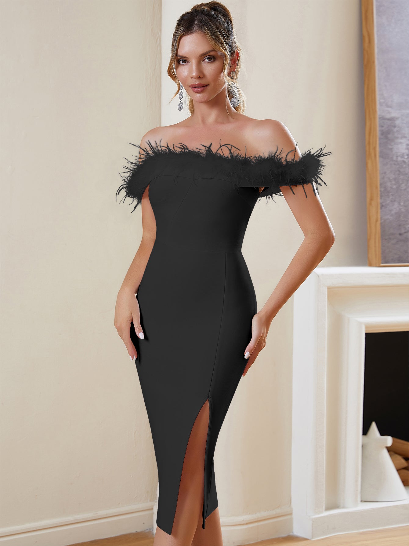 FEATHERED OFF - THE - SHOULDER BANDAGE DRESS - Black - ALICEELMER