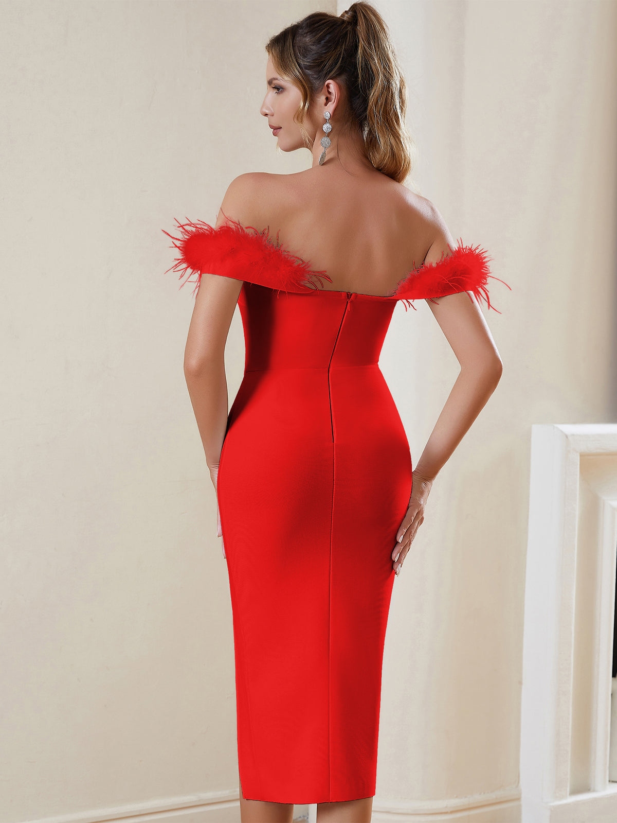 FEATHERED OFF - THE - SHOULDER BANDAGE DRESS - Red - ALICEELMER