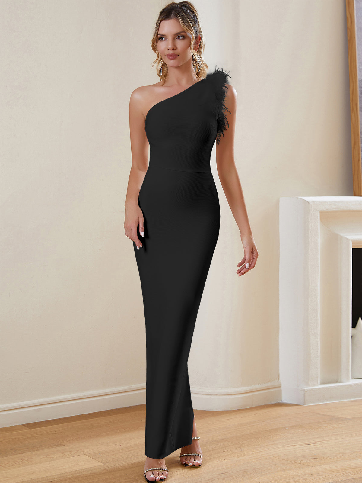 FEATHERED ONE - SHOULDER MAXI BANDAGE DRESS - Black - ALICEELMER