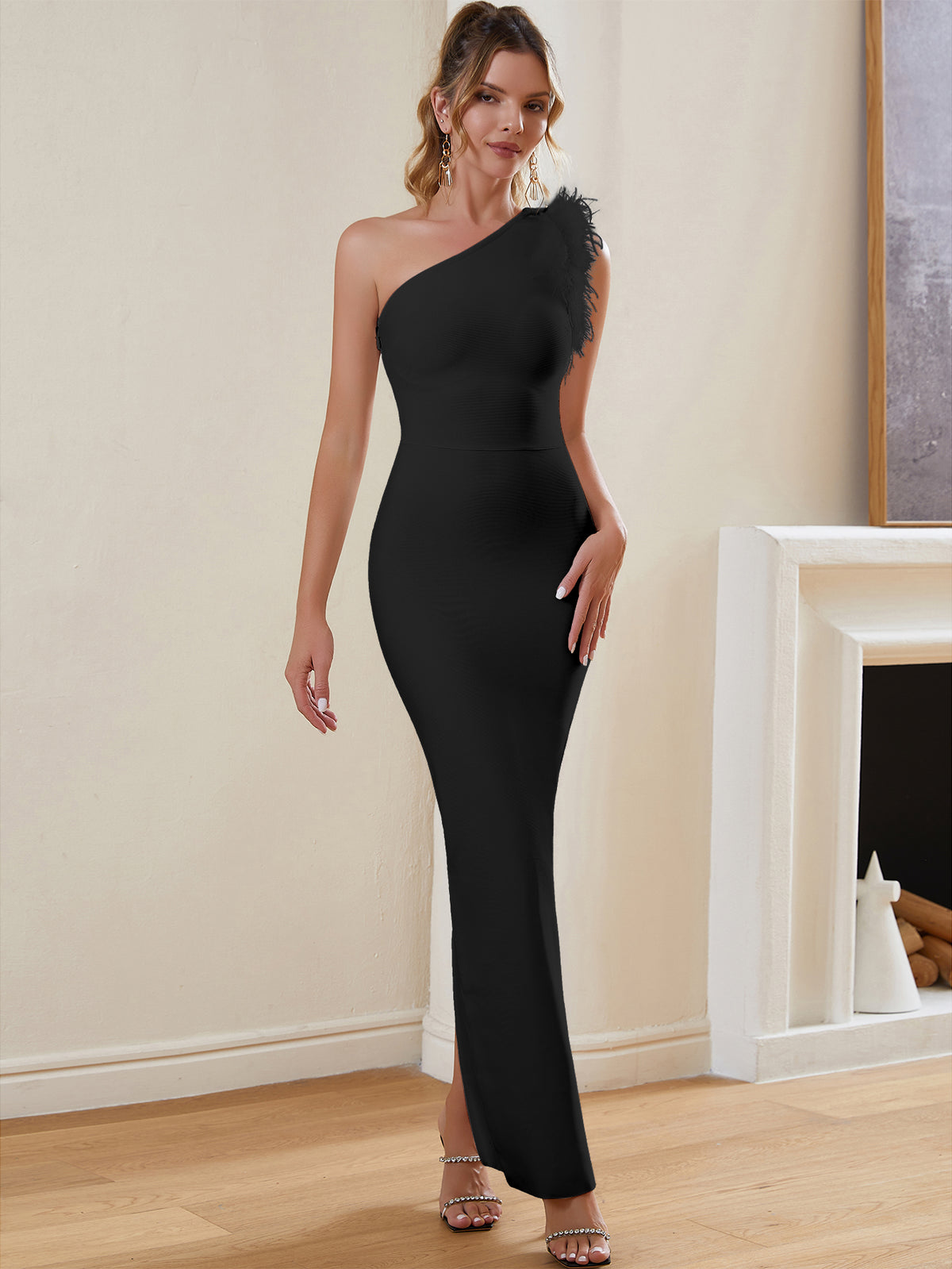 FEATHERED ONE - SHOULDER MAXI BANDAGE DRESS - Black - ALICEELMER