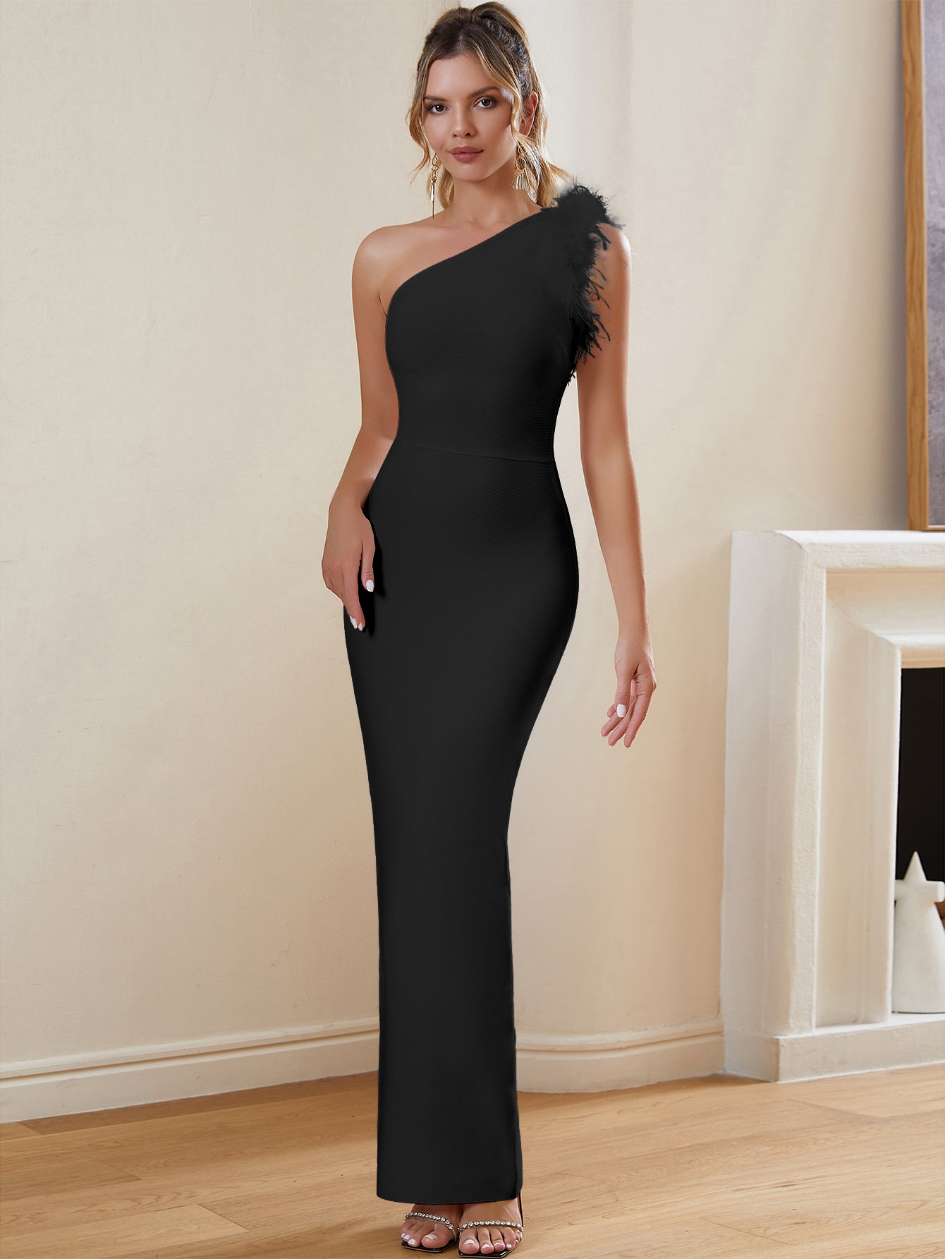 FEATHERED ONE - SHOULDER MAXI BANDAGE DRESS - Black - ALICEELMER