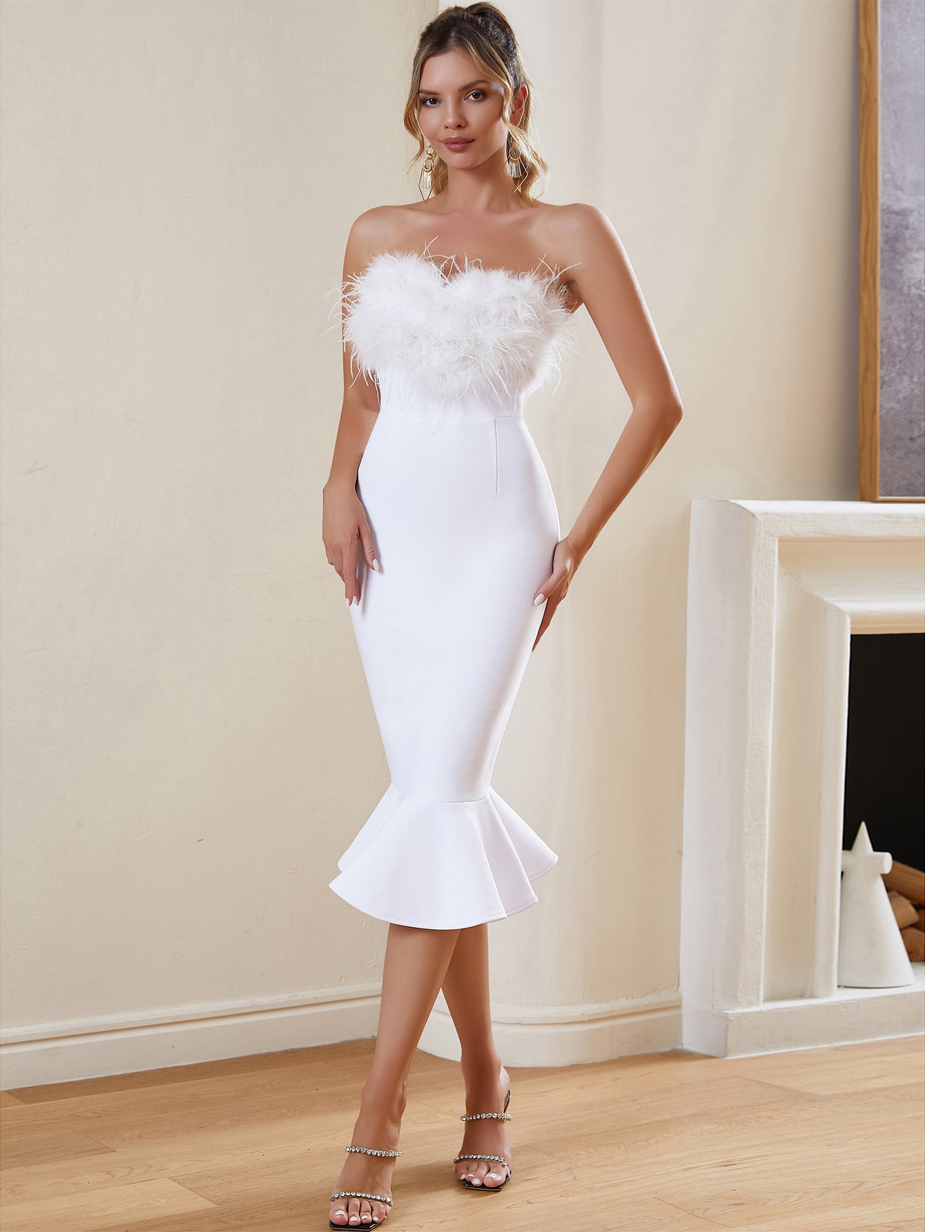 FEATHERED STRAPLESS MERMAID BANDAGE DRESS - White - ALICEELMER