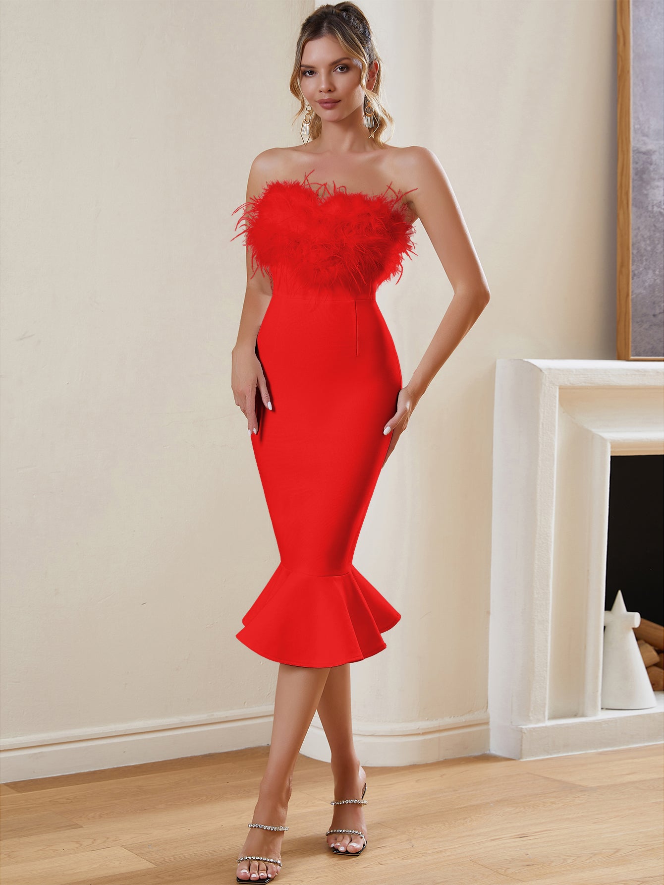 FEATHERED STRAPLESS MERMAID BANDAGE DRESS - Red - ALICEELMER