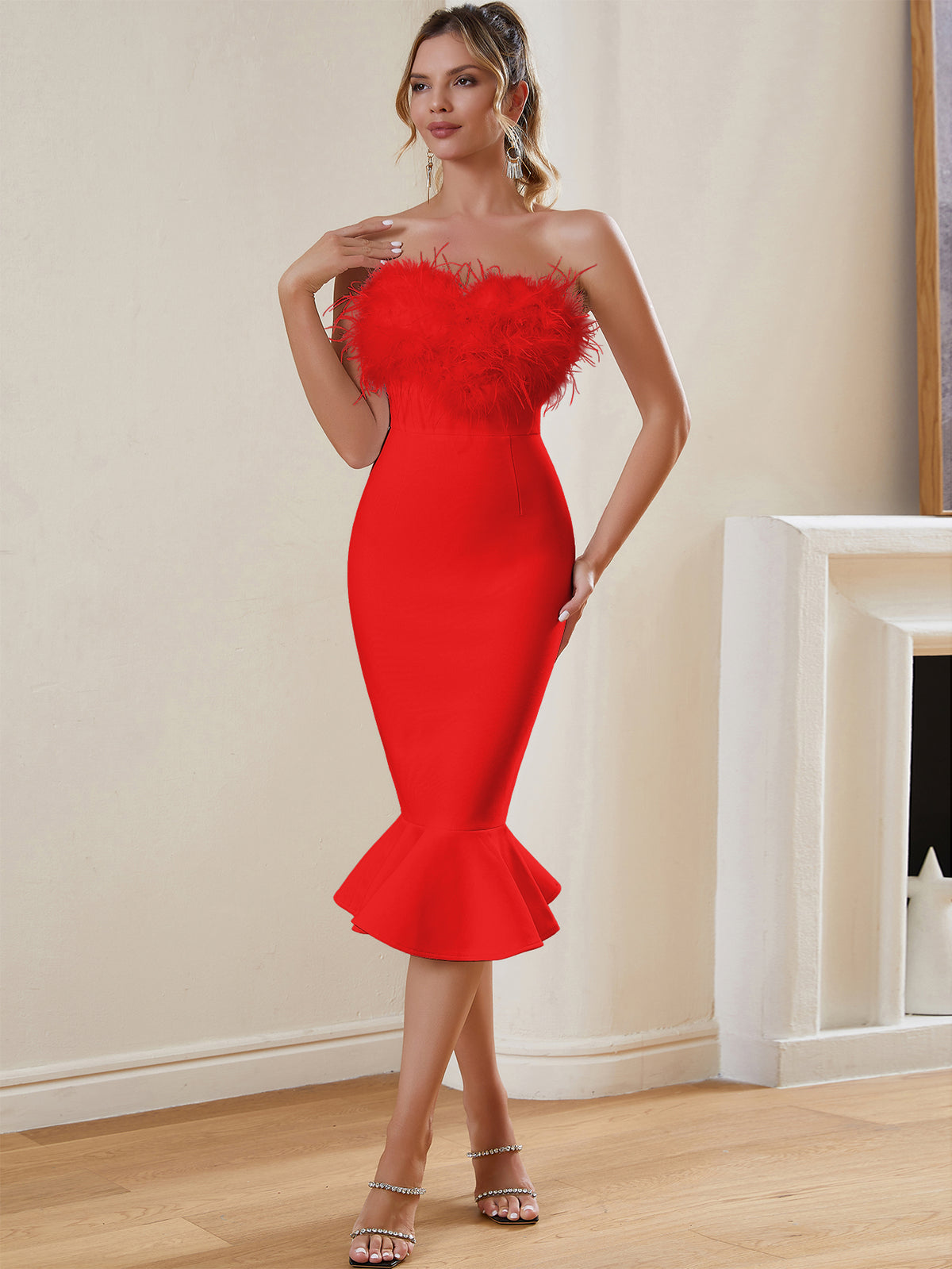 FEATHERED STRAPLESS MERMAID BANDAGE DRESS - Red - ALICEELMER