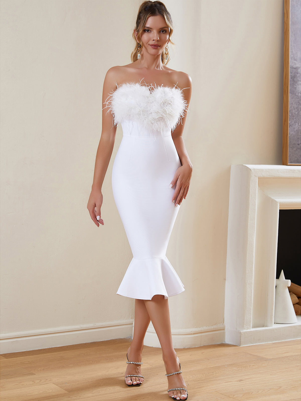 FEATHERED STRAPLESS MERMAID BANDAGE DRESS - White - ALICEELMER