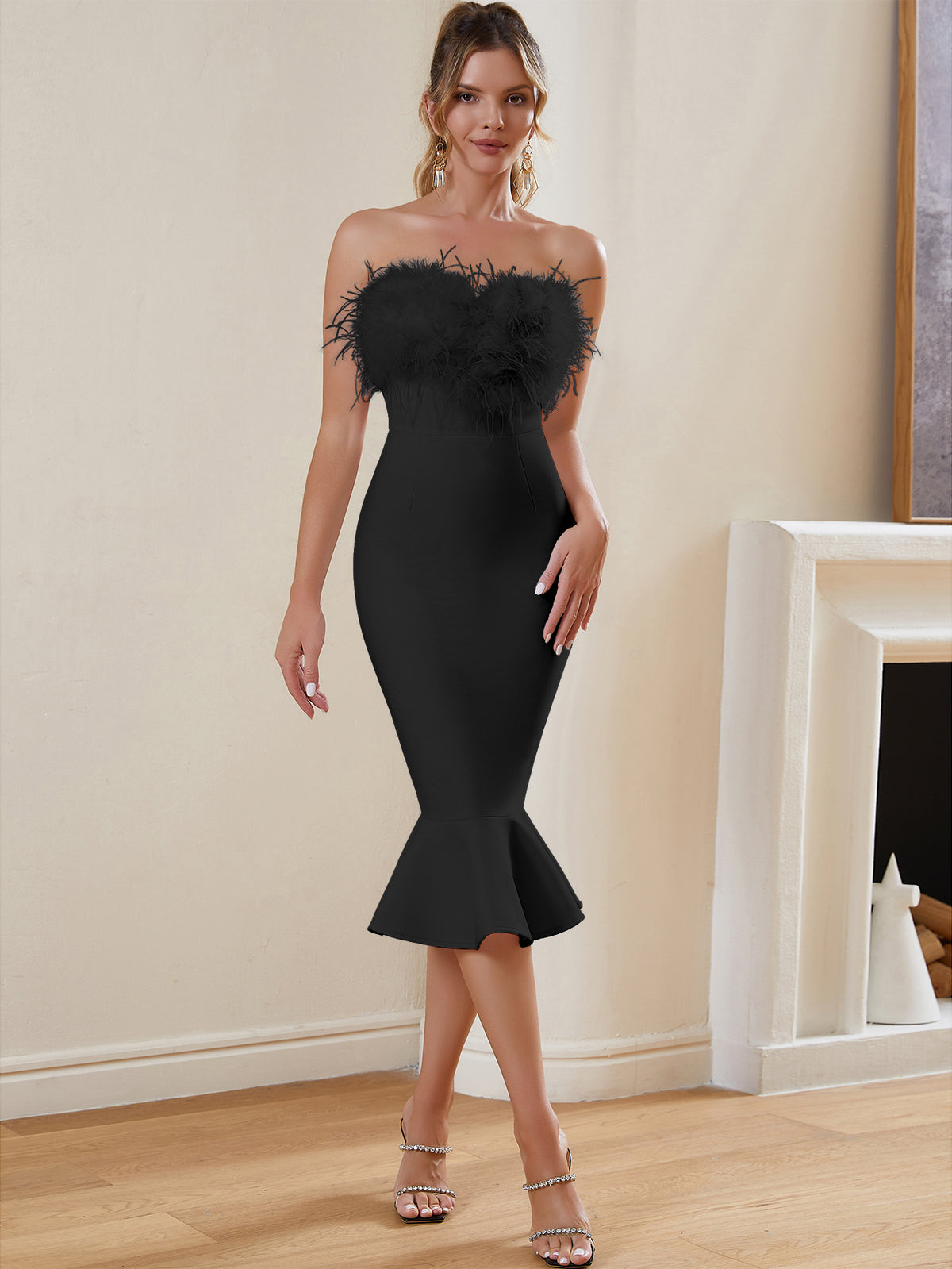 FEATHERED STRAPLESS MERMAID BANDAGE DRESS - Black - ALICEELMER