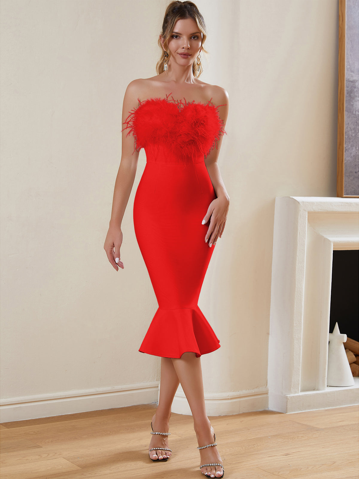 FEATHERED STRAPLESS MERMAID BANDAGE DRESS - Red - ALICEELMER
