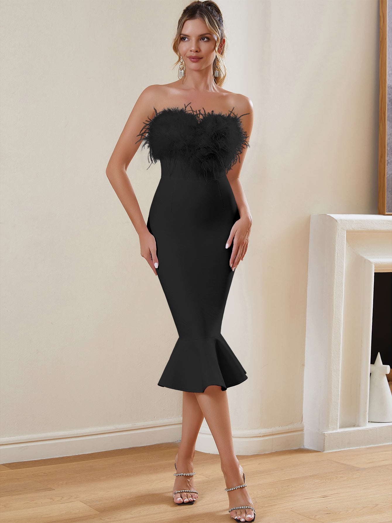 FEATHERED STRAPLESS MERMAID BANDAGE DRESS - Black - ALICEELMER