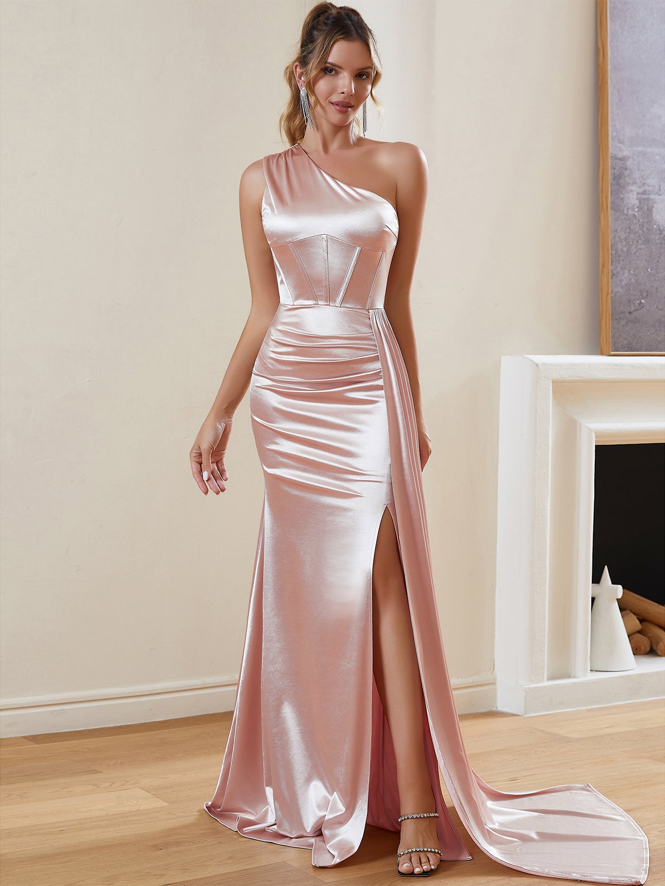 ONE SHOULDER SATIN MAXI DRESS-Pink