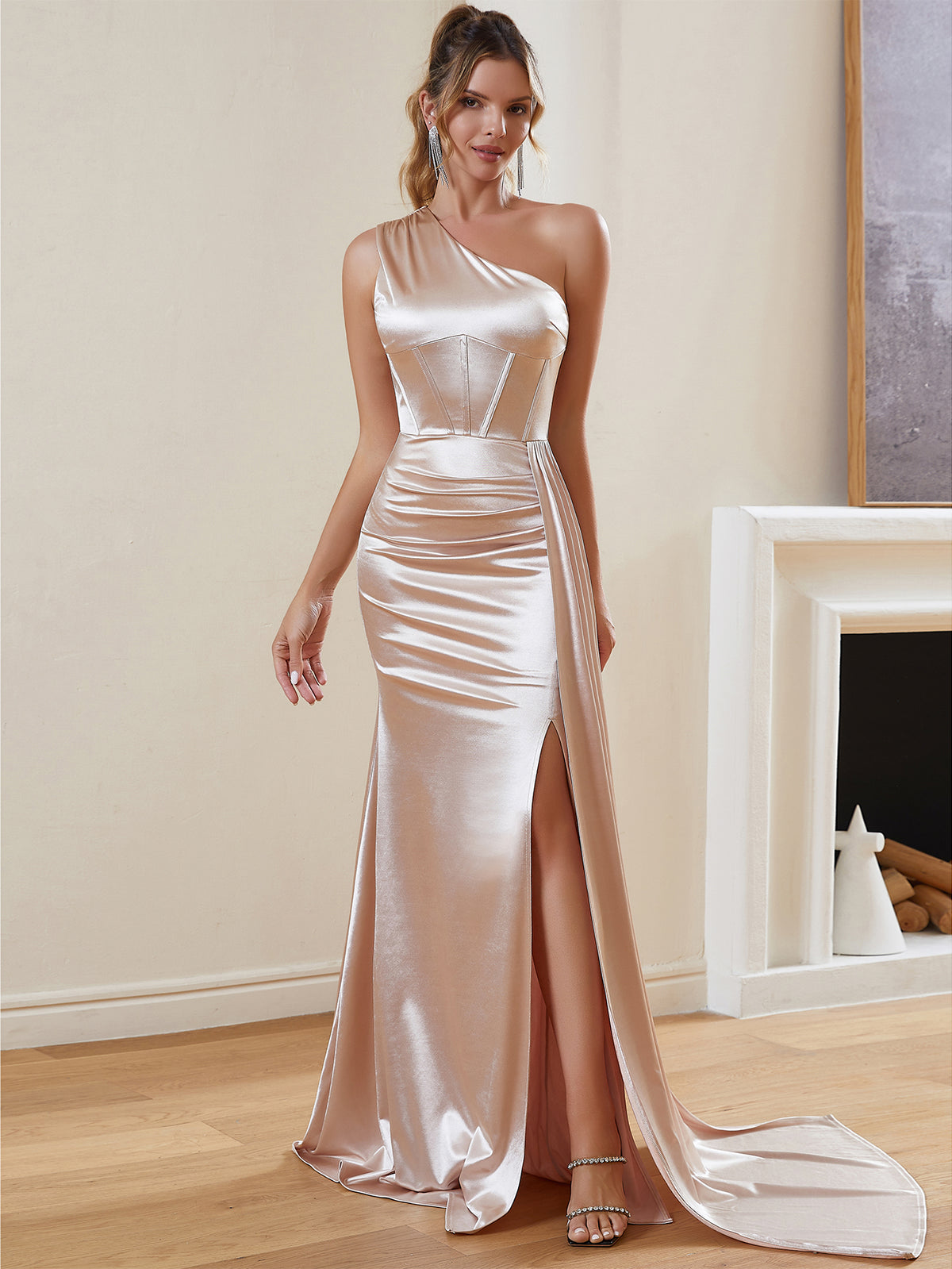 one shoulder champagne dress Drape Satin Bridesmaid MATERIAL POLYESTER/SPANDEX Premier Amour Womens Sleeveless One-Shoulder