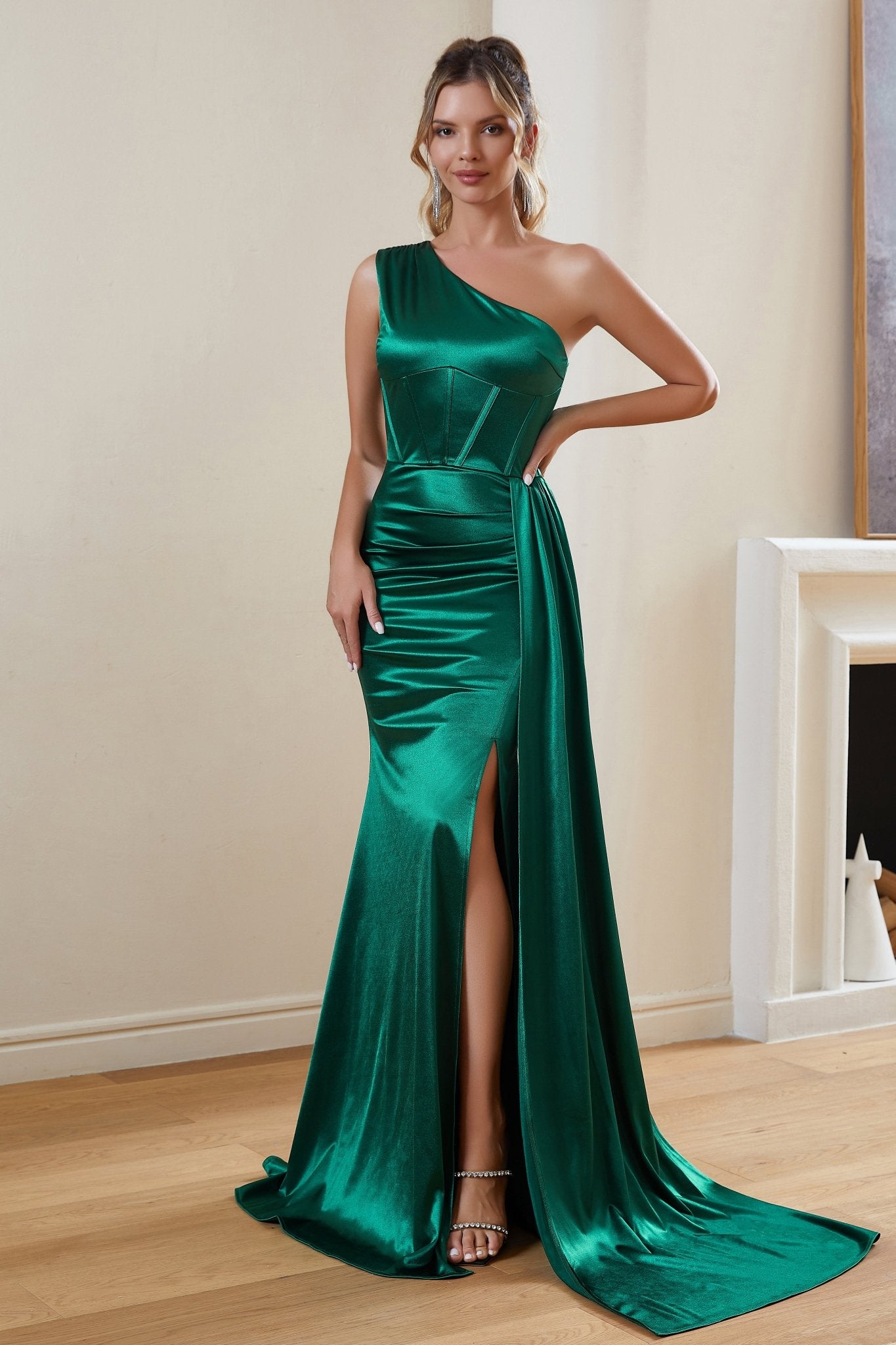 ONE SHOULDER SATIN MAXI DRESS-Green