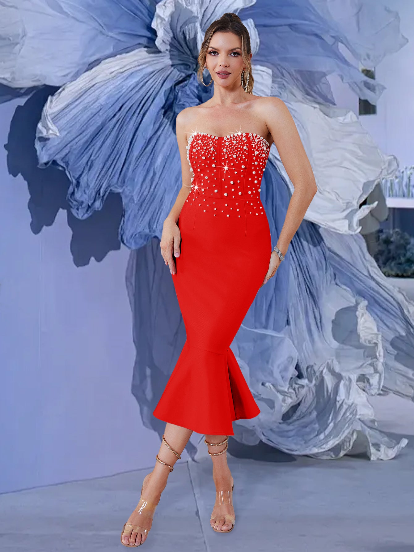 PEARL-EMBELLISHED MERMAID BANDAGE DRESS-Red