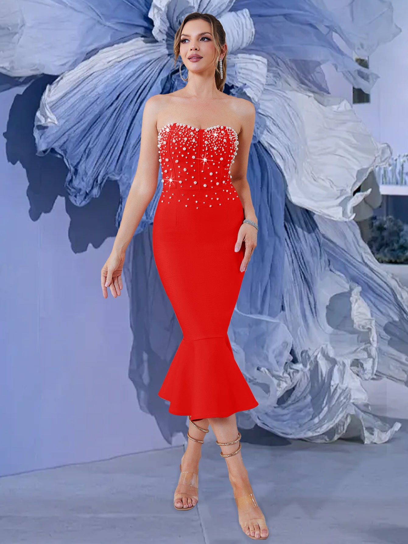 PEARL-EMBELLISHED MERMAID BANDAGE DRESS-Red