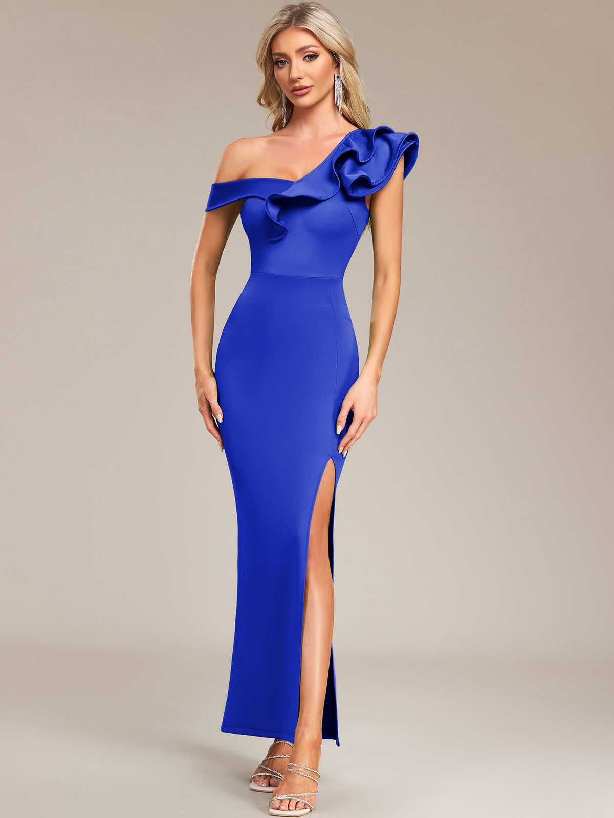 RUFFLED ONE-SHOULDER MAXI DRESS-Blue