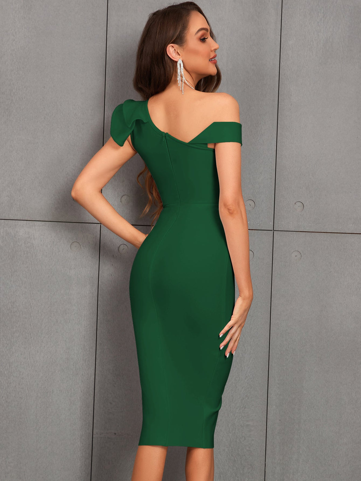 RUFFLED ONE SHOULDER BANDAGE DRESS - Green - ALICEELMER