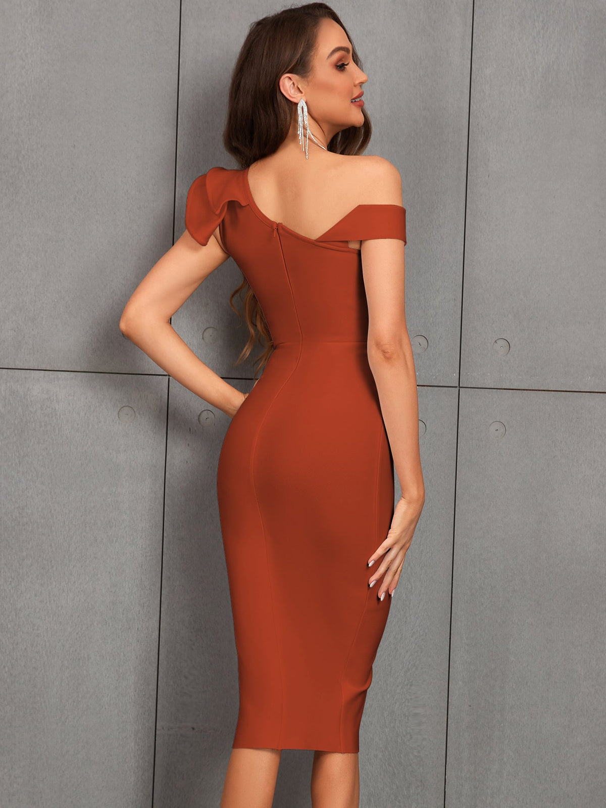 RUFFLED ONE SHOULDER BANDAGE DRESS - Brown - ALICEELMER