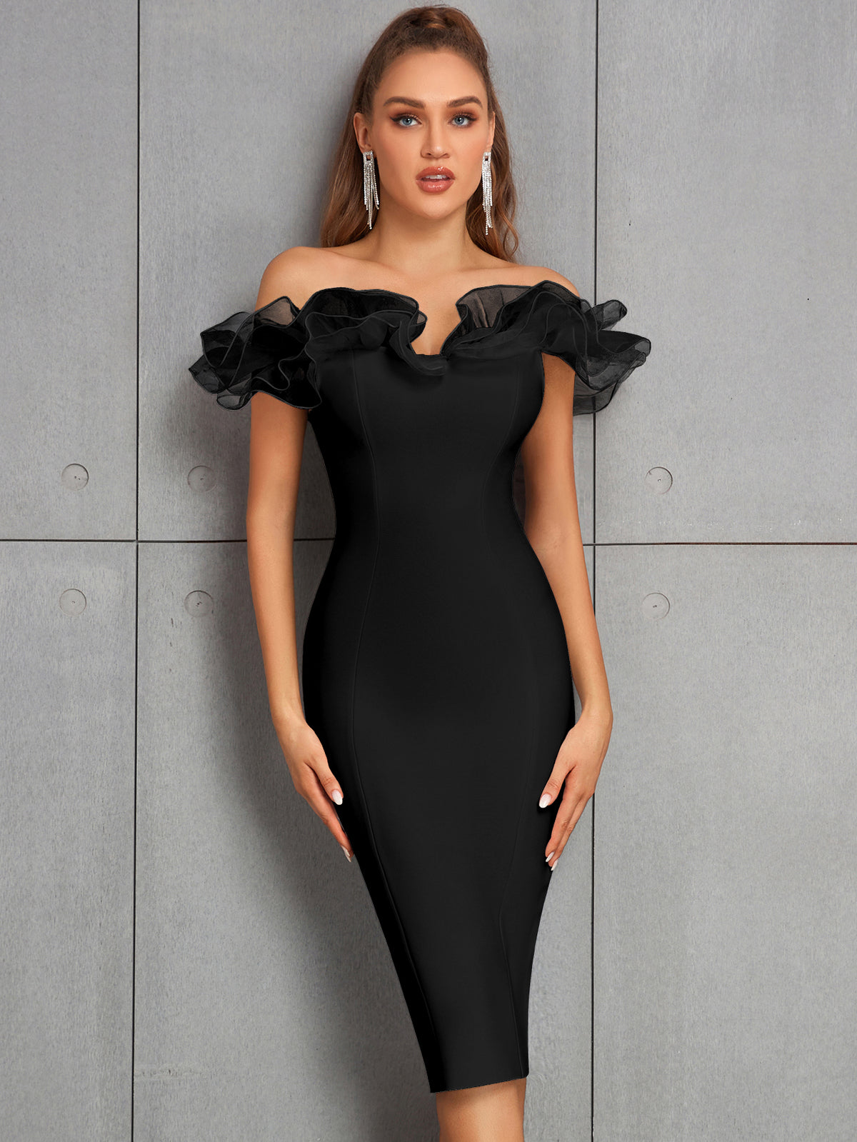 RUFFLED OFF - THE - SHOULDER BANDAGE DRESS - Black - ALICEELMER
