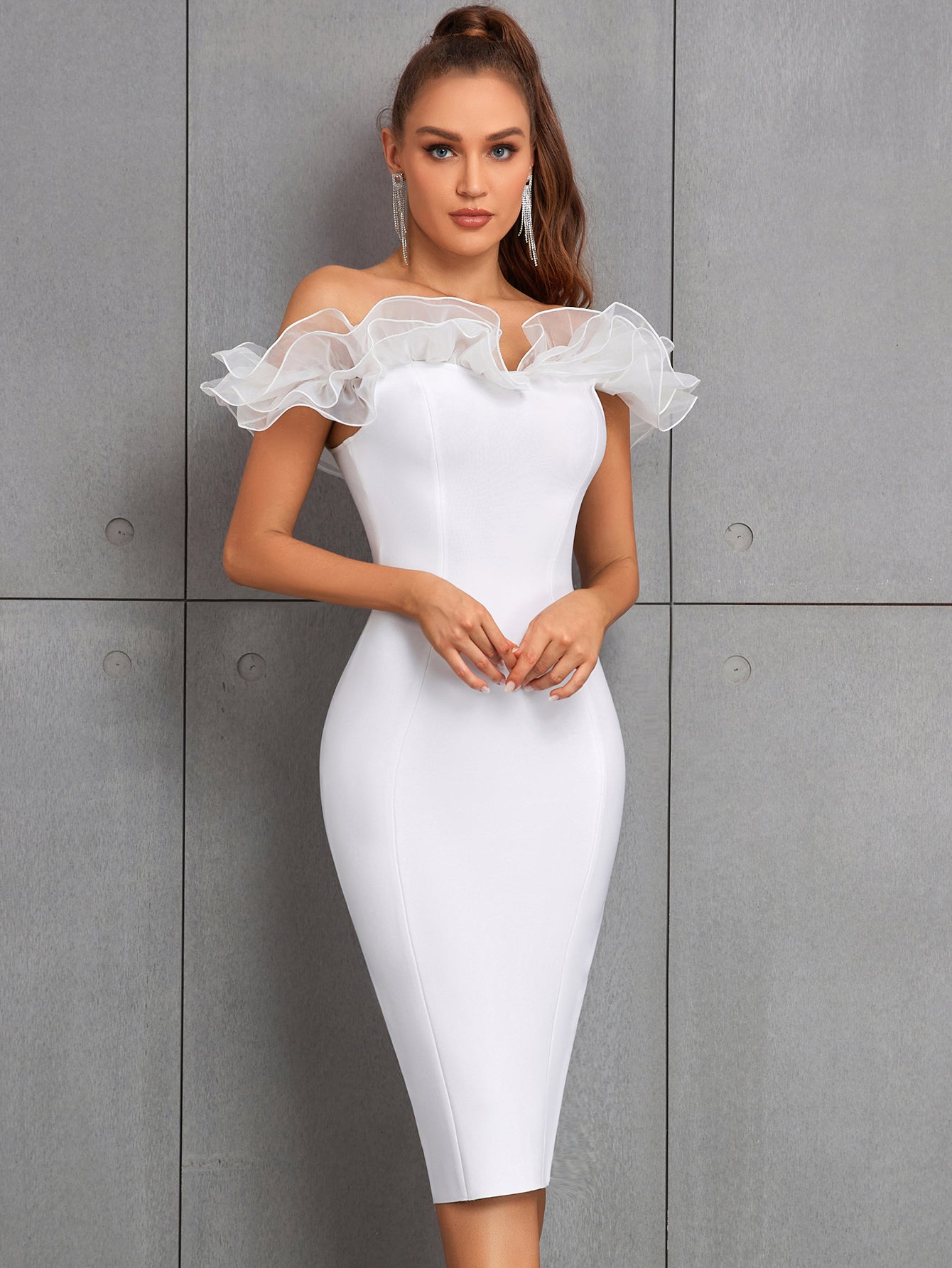 RUFFLED OFF - THE - SHOULDER BANDAGE DRESS - White - ALICEELMER
