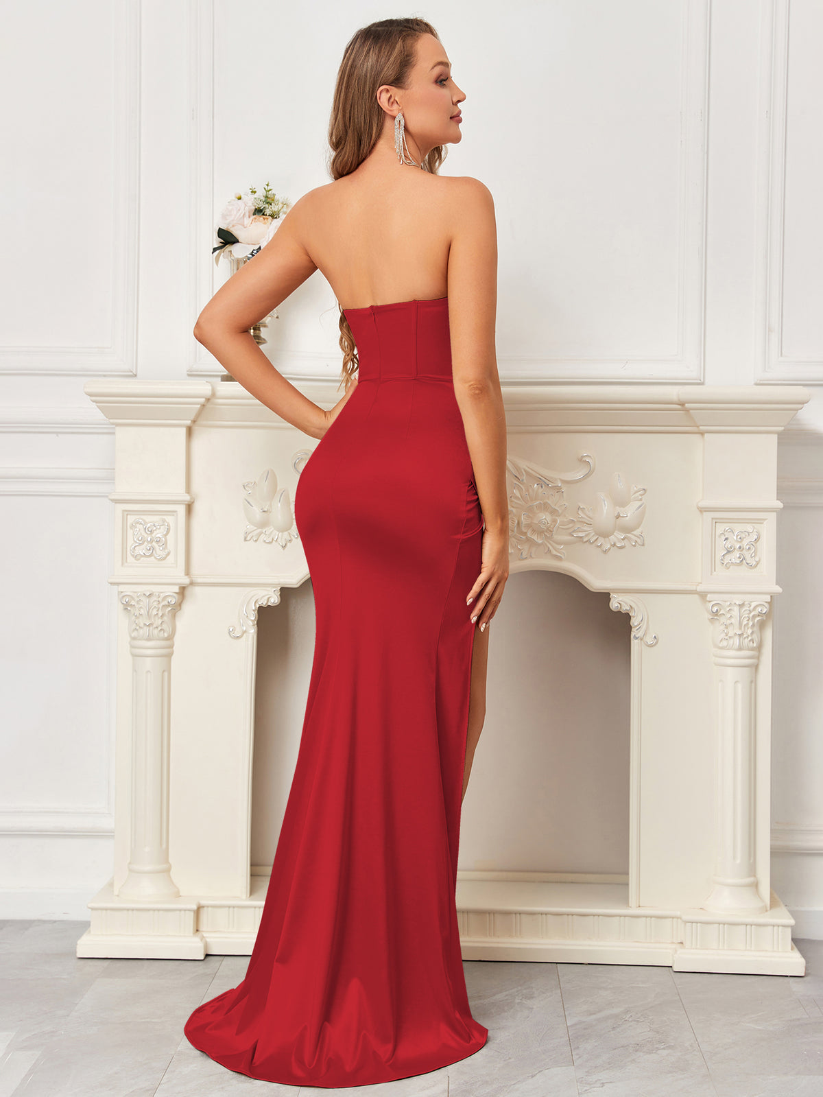 STRAPLESS CORSET MAXI DRESSES-Red