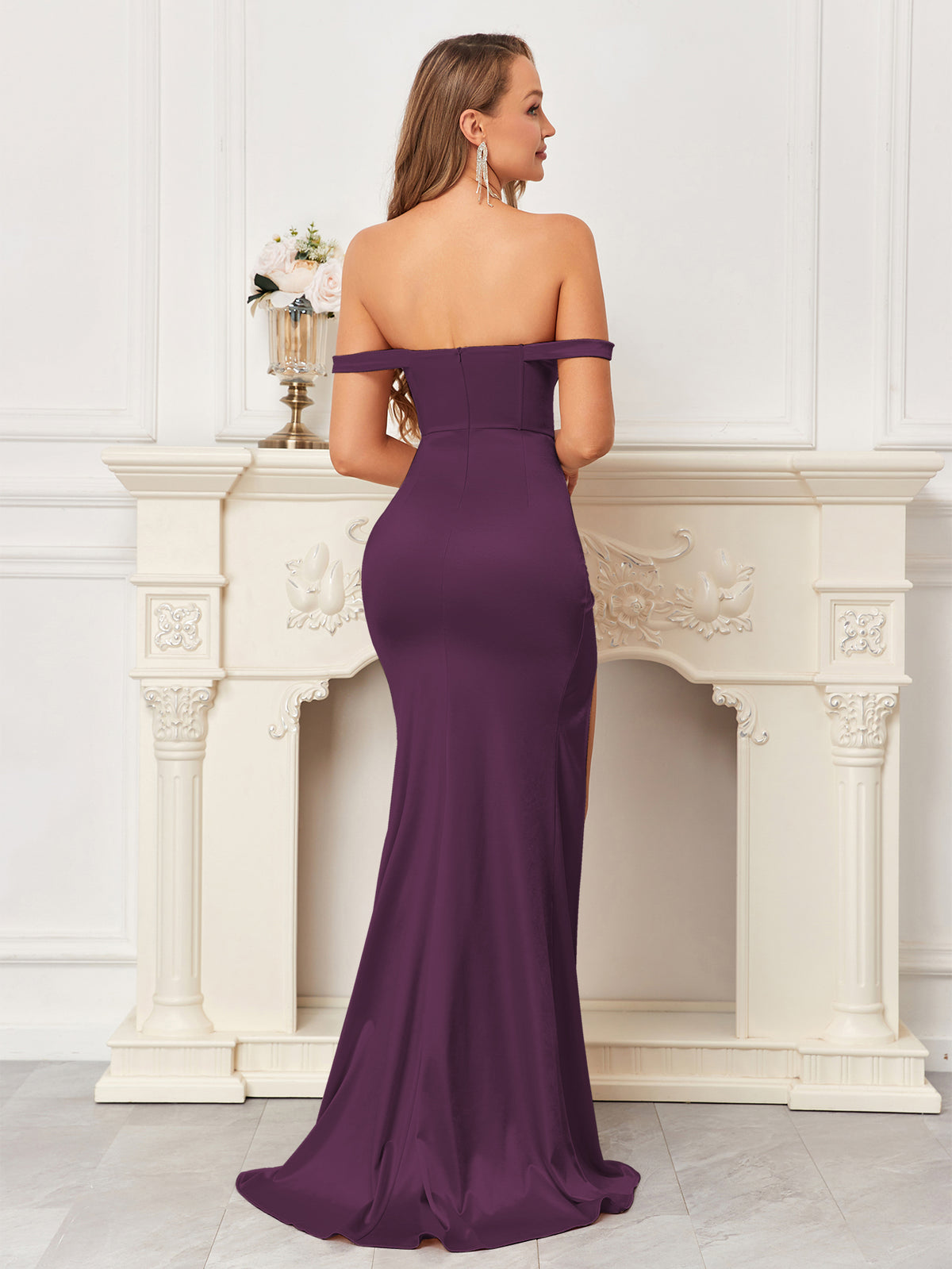 OFF SHOULDER SATIN MAXI DRESS-Purple