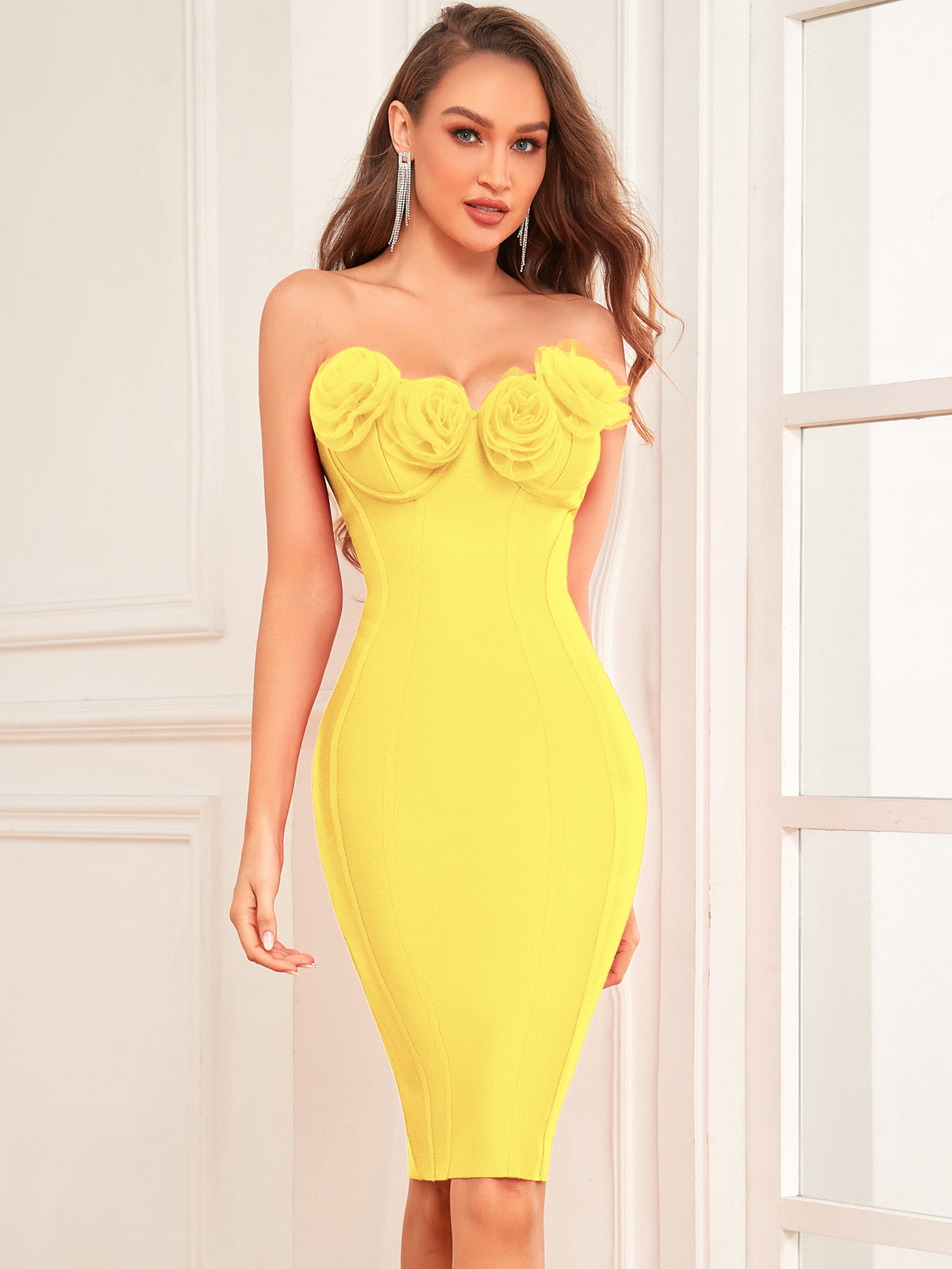 3D FLOWER BANDAGE DRESSES-Yellow